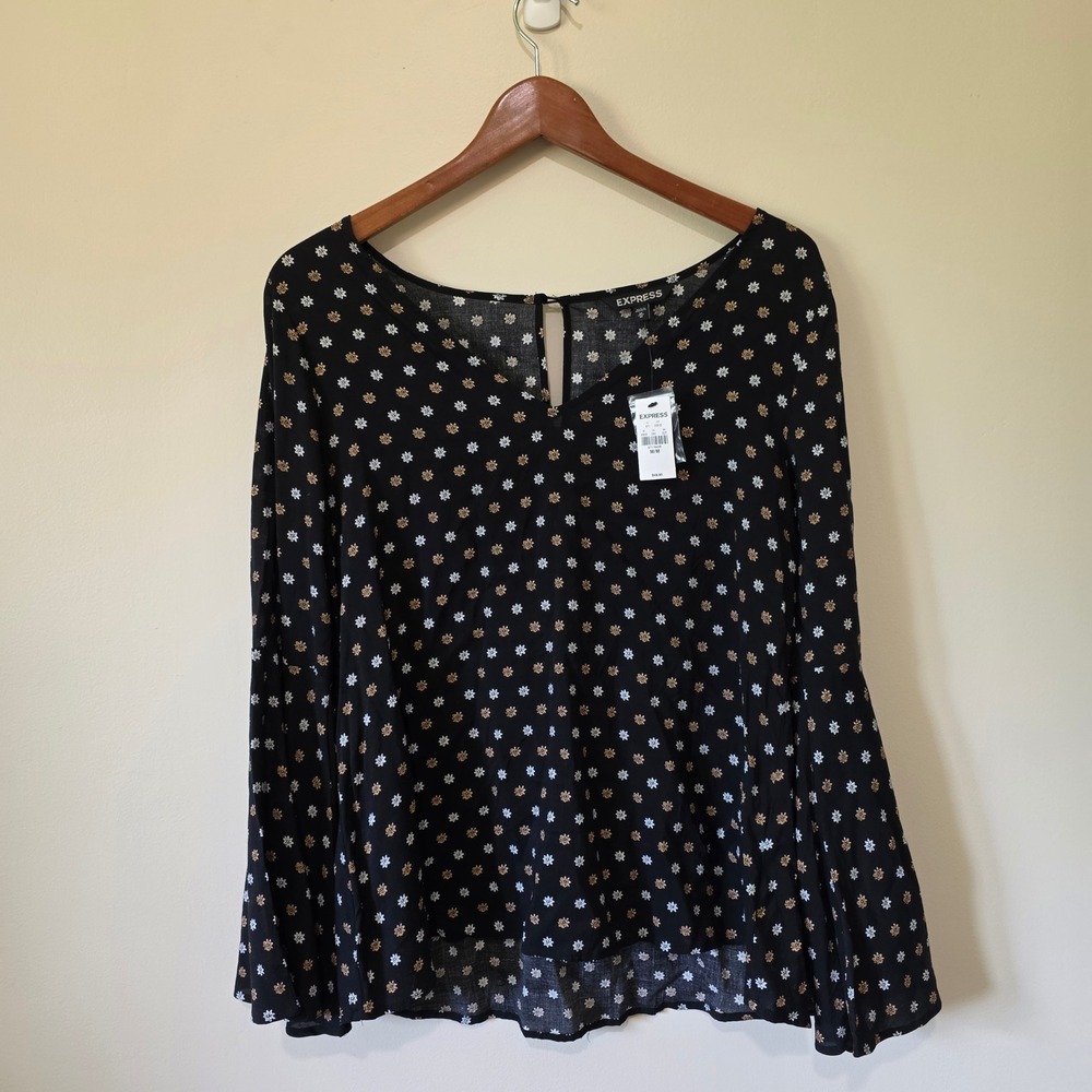 Express Blouse Women Medium Black Floral Bell Sleeve‎ Boho Daisy Cottagecore NEW